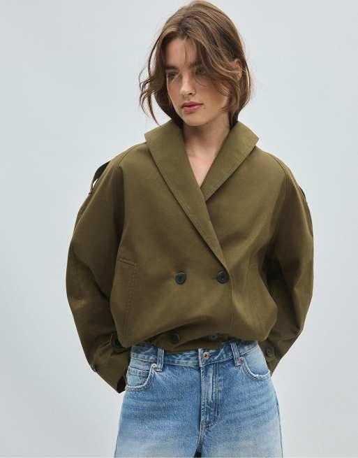 Stradivarius cropped trenchcoat med sjalskrave i khaki, 5 af 7