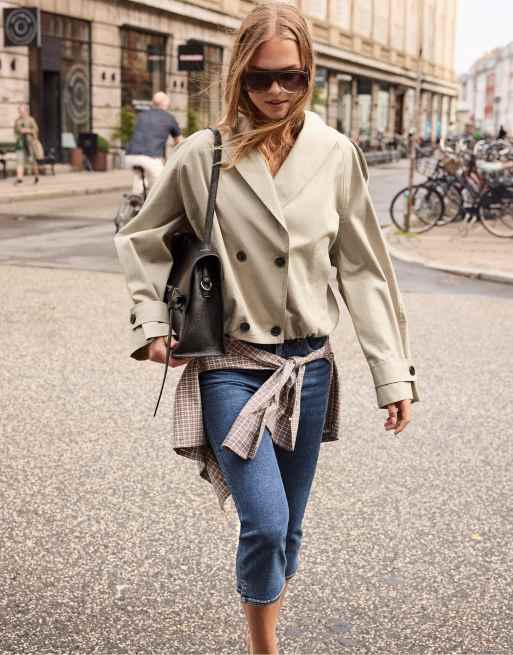 Stradivarius cropped trenchcoat met sjaalkraag in stone, 5 van 7