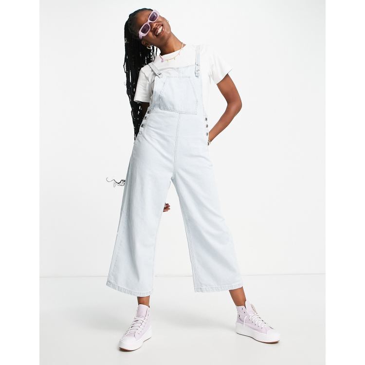 Stradivarius cropped wide leg denim dungaree in light wash