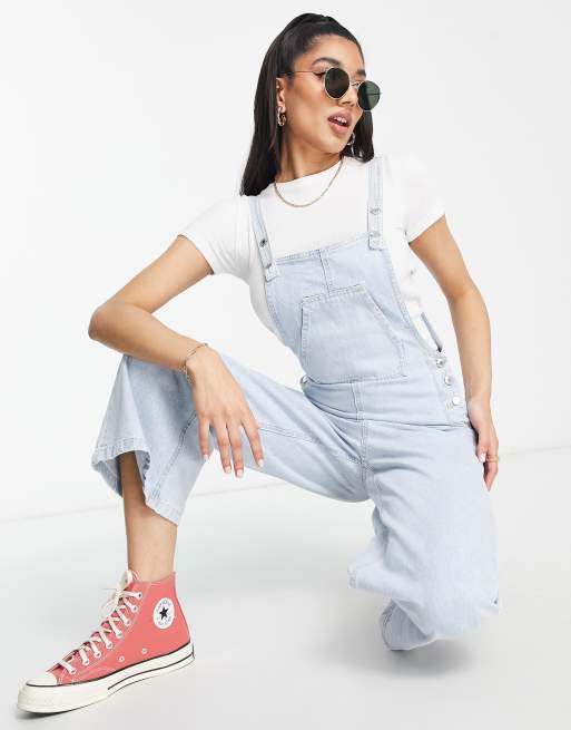 Stradivarius cropped wide leg denim dungaree in light wash