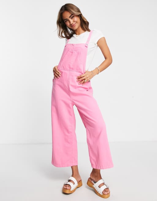 Stradivarius cropped wide leg denim dungaree in pink