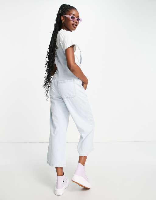 Stradivarius cropped wide leg denim dungaree in light wash