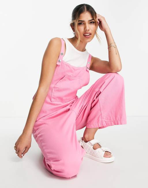 Stradivarius cropped wide leg denim dungarees in pink