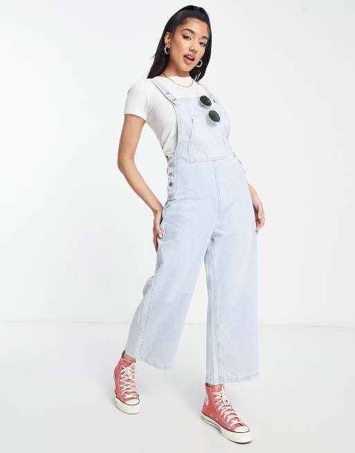 Stradivarius cropped wide leg denim dungaree in light wash