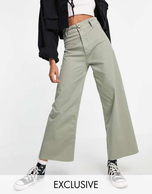 Stradivarius cropped wide leg jean in washed khaki | ASOS