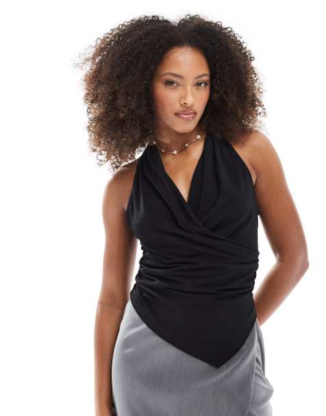 Stradivarius cross body halter top in black