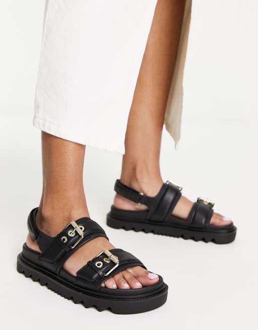 Black Stretch Chunky Platform Wedge Heel Sliders