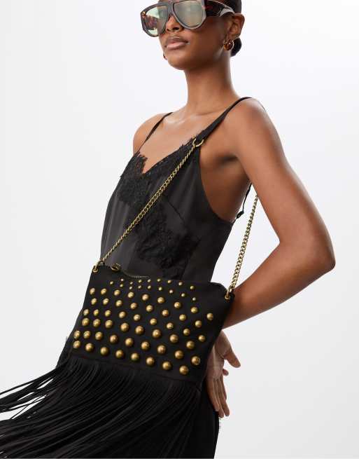 Stradivarius - Crossbody tas met franjes en studs in zwart, 2 van 4