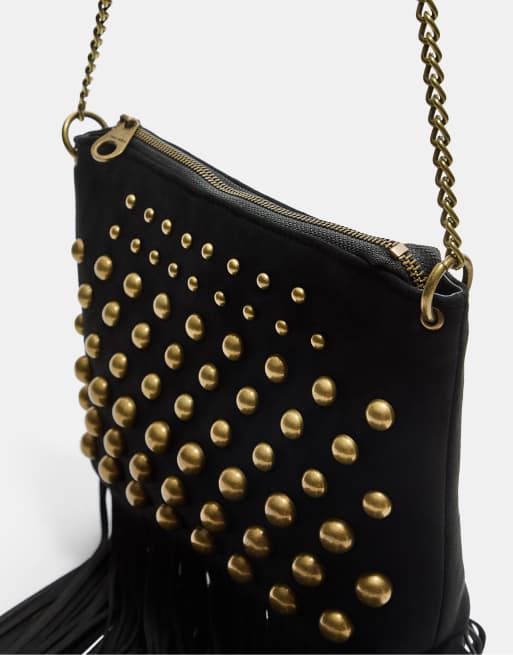 Stradivarius - Crossbody tas met franjes en studs in zwart, 3 van 4