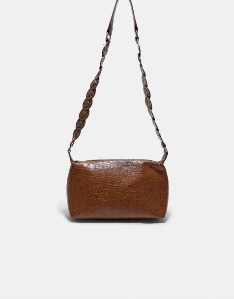 Stradivarius crossbody-taske i ruskind med nitter, brun - view 1
