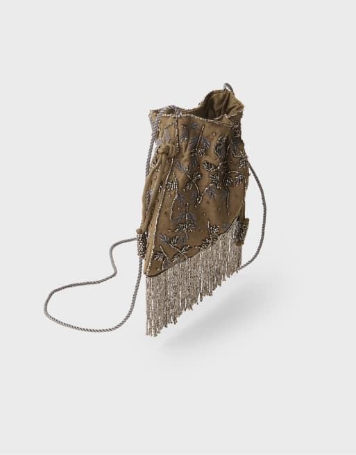Stradivarius crossbody-taske med perler og frynser i khaki, 4 af 4