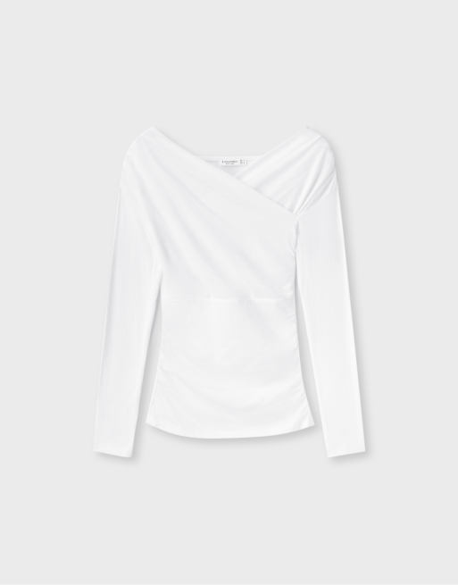 Stradivarius Crossover boat neck t-shirt in ecru, 6 of 7