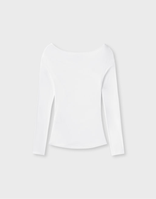 Stradivarius Crossover boat neck t-shirt in ecru, 7 of 7