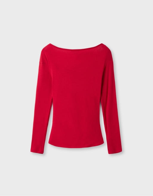 Stradivarius Crossover boat neck t-shirt in red, 7 of 7
