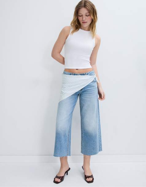 Stradivarius Culotte jeans with scarf detail in medium blue denim - view 1