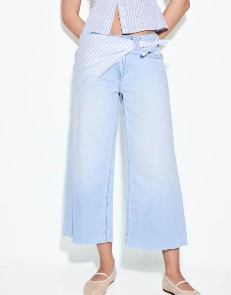 Stradivarius Culotte jeans with scarf detail in medium light blue denim - view 1