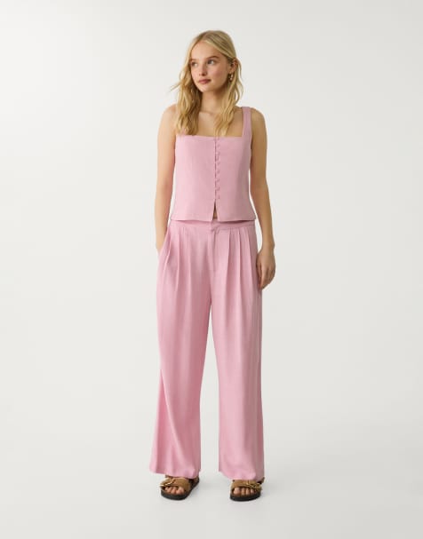 Stradivarius - Culotte van linnenmix met figuurnaden in roze - view 1