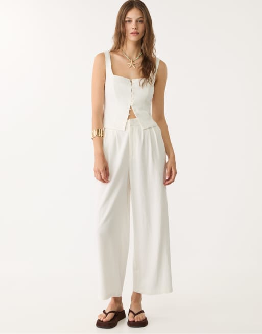 Stradivarius - Culottes van linnenmix met plooien in ecru