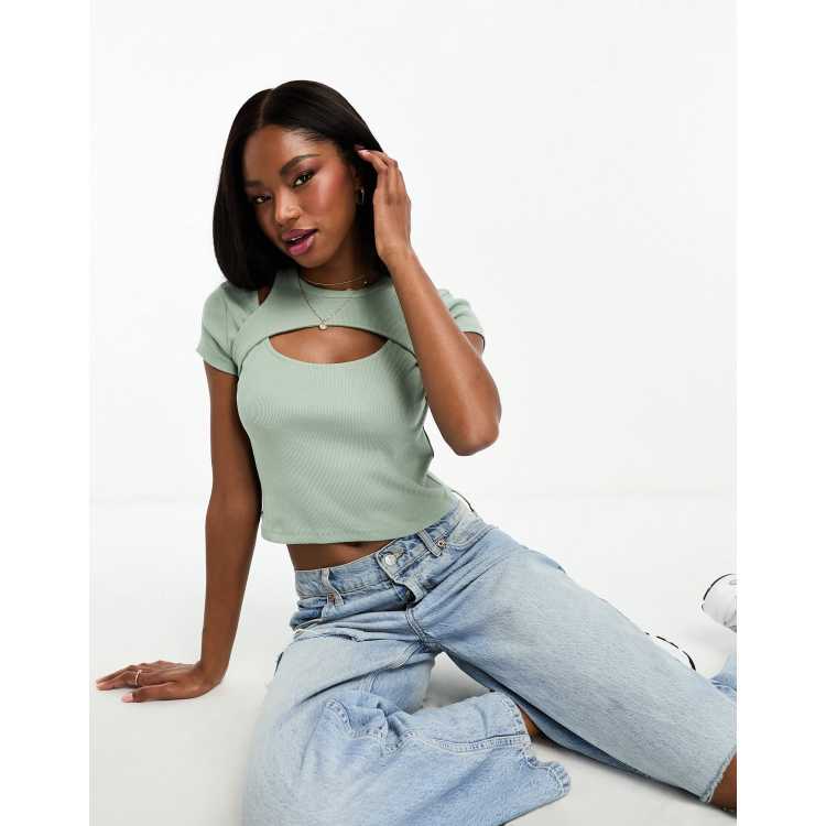 Stradivarius cut out 2 in 1 tank top in khaki | ASOS