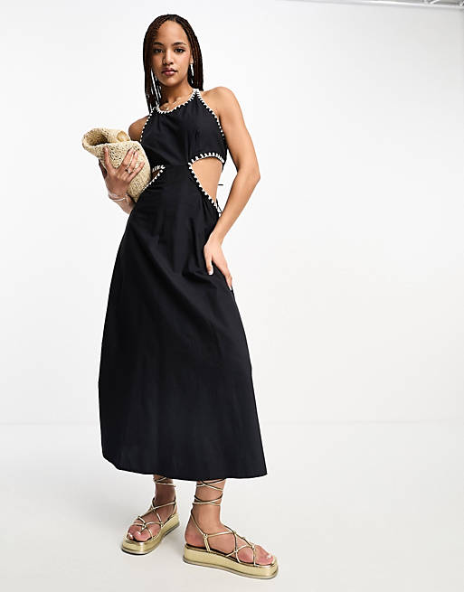 Stradivarius cut out maxi dress with contrast stitch in black | ASOS