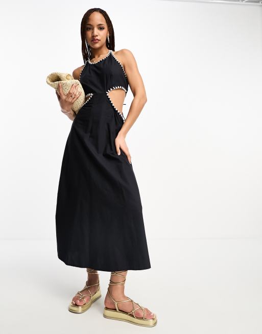 Stradivarius cut out maxi dress with contrast stitch in black