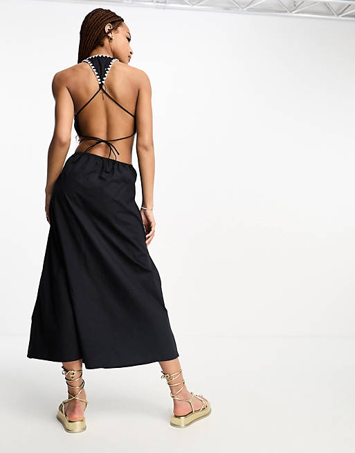 Stradivarius cut out maxi dress with contrast stitch in black | ASOS