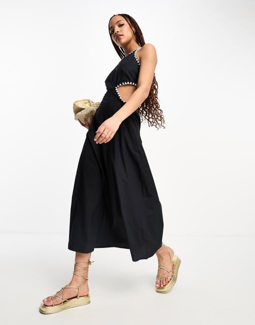 Stradivarius cut out maxi dress with contrast stitch in black | ASOS