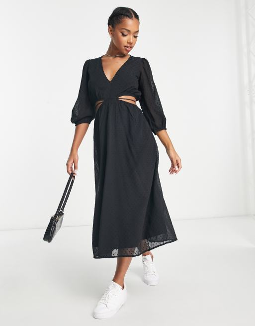 Stradivarius cut out waist midi dress in black