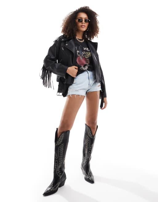 Stradivarius – Czarna kurtka typu biker z frędzlami z imitacji skóry, 4 z 4