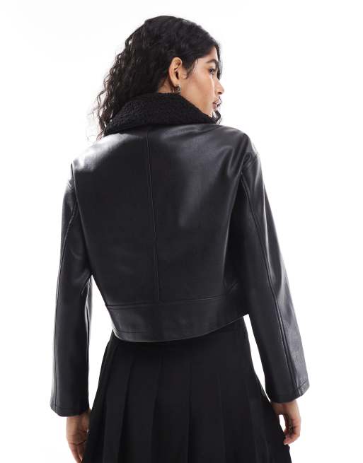 Stradivarius – Czarna kurtka z imitacji skóry z kontrastowym kołnierzykiem, 2 z 4