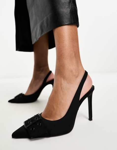 Stradivarius – Czarne buty na obcasie-kaczuszce z paskiem za piętą i noskami w szpic - view 1