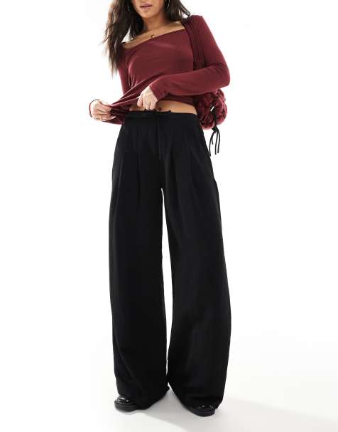 Stradivarius wide leg crinkle tie waist trouser in black