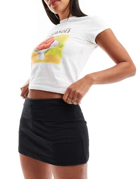 Stradivarius fold over waist mini skort in black 