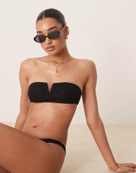 Stradivarius – Czarne szydełkowane bikini: góra z dekoltem bandeau i figi - view 1