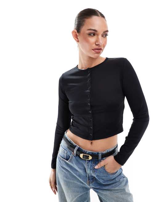 Stradivarius – Czarny dopasowany kardigan o krótkim fasonie, 4 z 4
