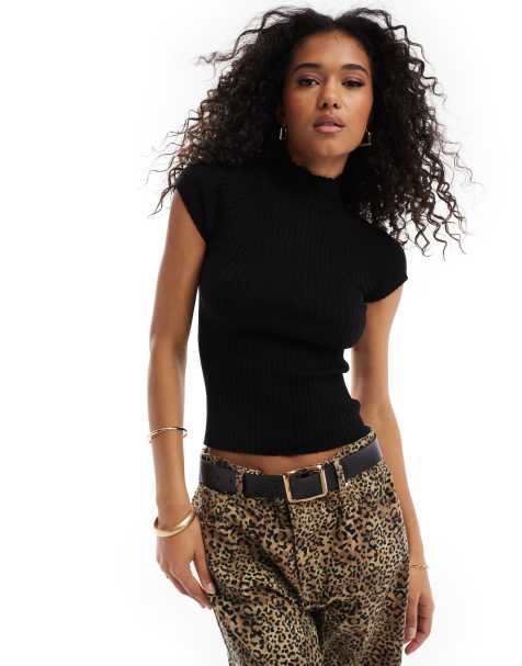 Stradivarius high neck short sleeve knitted top in black
