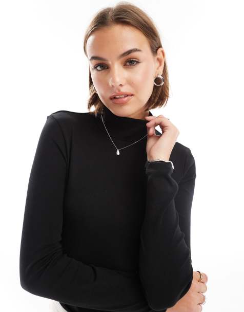 Stradivarius high neck long sleeve top in black