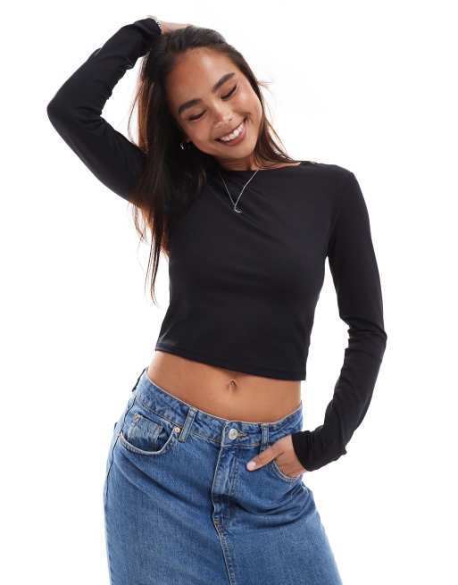 Stradivarius – Czarny top z długimi rękawami i odkrytymi plecami, 2 z 4