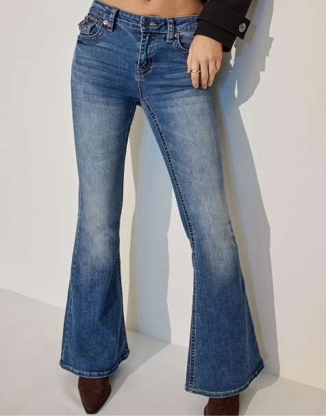 Stradivarius - D04 - Jean évasé à taille basse - Bleu jean moyen délavé - view 1