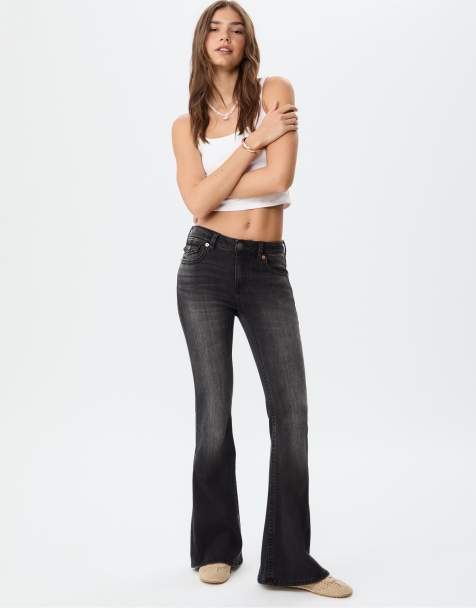 Stradivarius D04 low rise flared jeans in washed black
