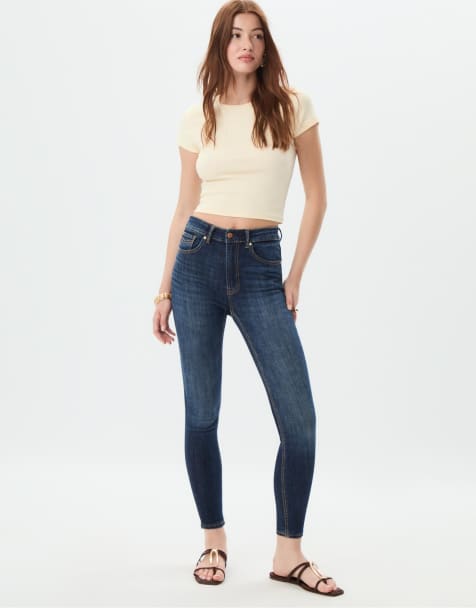 Stradivarius – D07 - Blå, urtvättade, skinny jeans med regular midja - view 1