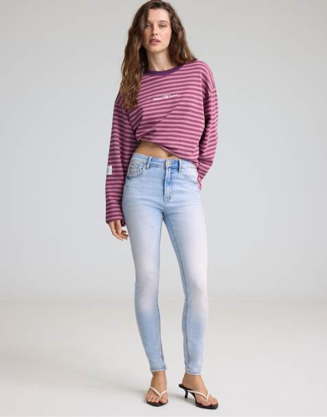 Stradivarius D07 højtaljede skinny-jeans i mellemlys blå denim - view 1