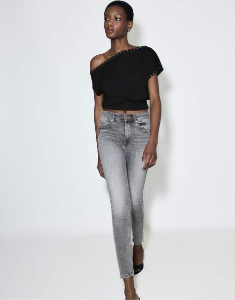 Stradivarius – D07 - Mörkgrå, tvättade, skinny jeans med regular midja - view 1