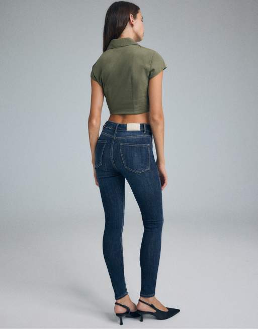 Stradivarius – D07 – Skinny Jeans mit mittelhohem Bund aus überfärbtem blauem Denim, 3 von 7