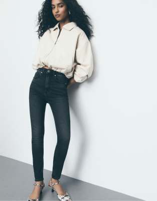 Stradivarius - D09 - Jean super skinny à taille haute - Noir délavé-Gris