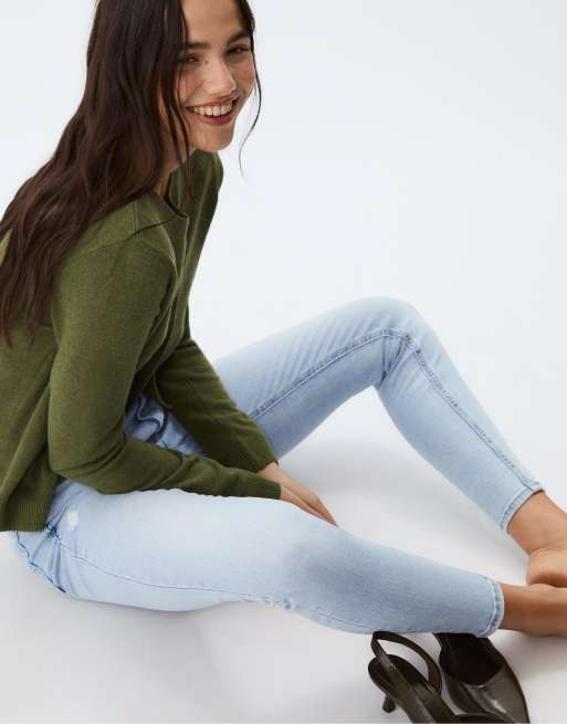 Stradivarius – D09 – Mellanblå, blekta skinny jeans med superhög midja