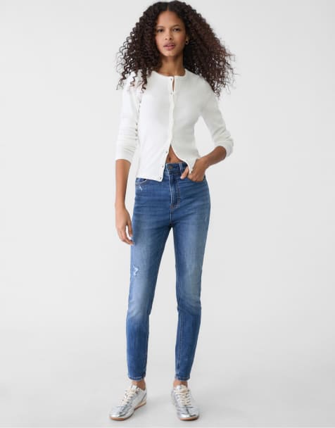 Stradivarius – D09 – Mellanblå, extra skinny jeans med superhög midja - view 1