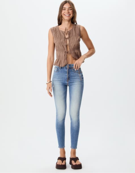 Stradivarius – D09 – Mellanblå jeans i skinny fit med superhög midja - view 1