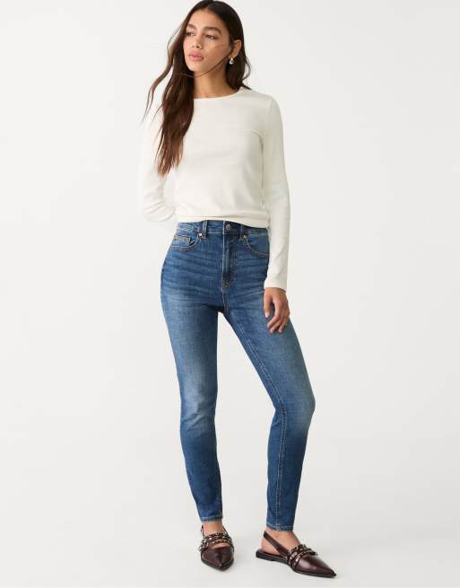 Stradivarius - D09 - Mørkeblå skinny-jeans med superhøj talje