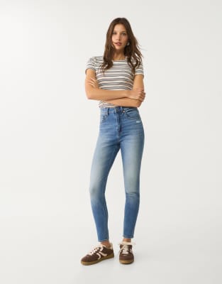 Stradivarius D09 super high waist skinny jean in mid blue